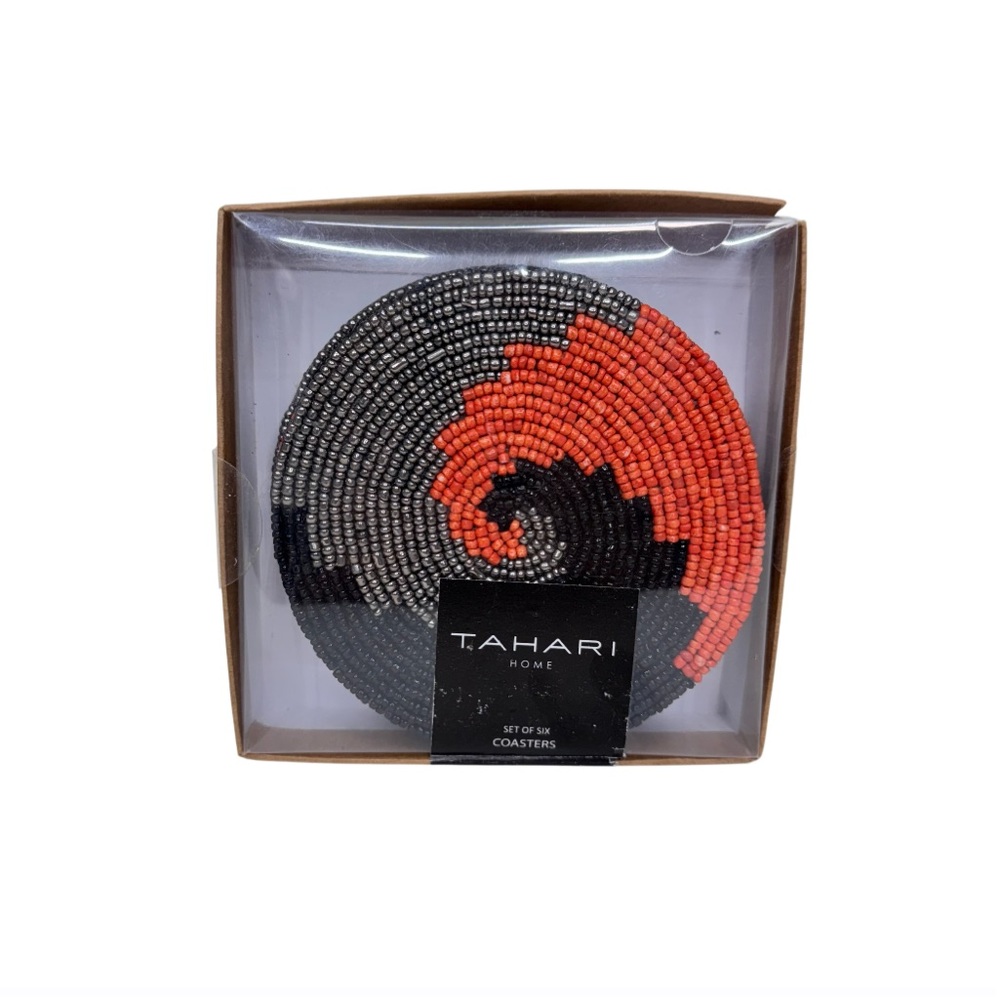 Tahari Set Of 6 Halloween Beaded Vortex Coasters Black Orange Silver New Nib